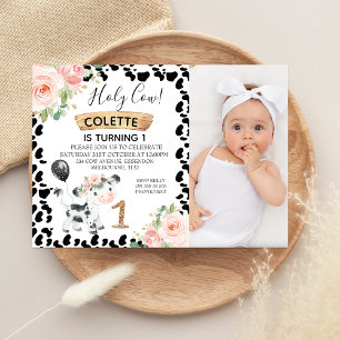 Bloemen Roze Foto Zwarte Koe Print 1e Verjaardag Kaart