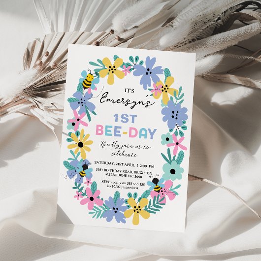 Bloemen Roze Gele Bijen Dag 1e Verjaardag Kaart