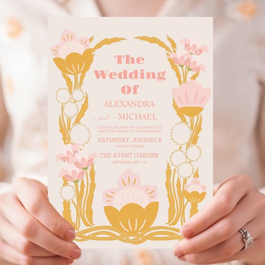 Bloemen Roze Goud Art Nouveau Bruiloft Kaart