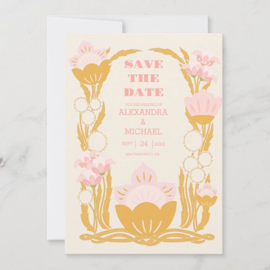 Bloemen Roze Goud Art Nouveau Bruiloft Save The Date (Voorkant)