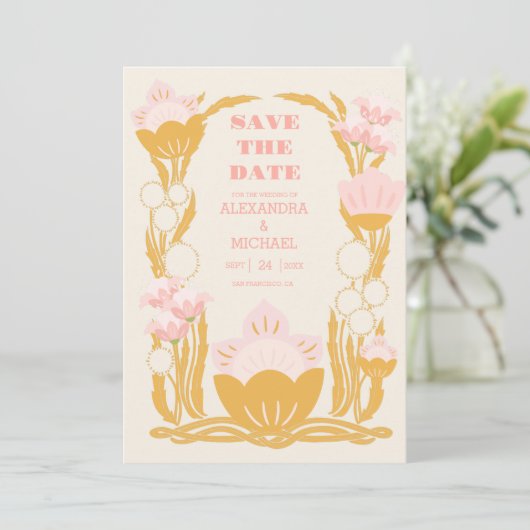 Bloemen Roze Goud Art Nouveau Bruiloft Save The Date (Staand voorkant)