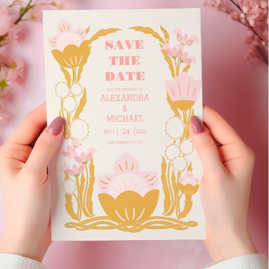  Bloemen Roze Goud Art Nouveau Bruiloft Save The Date