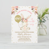 Bloemen Roze Goud Bunny Baby shower uitnodiging (Staand voorkant)