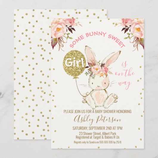 Bloemen Roze Goud Bunny Baby shower uitnodiging (Voorkant / Achterkant)