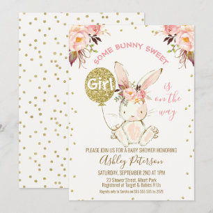 Bloemen Roze Goud Bunny Baby shower uitnodiging