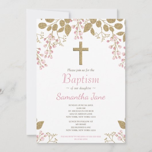 Bloemen Roze Goud Kruis Baby Meisje Doop Kaart (Voorkant)