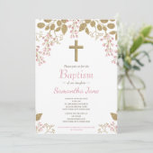 Bloemen Roze Goud Kruis Baby Meisje Doop Kaart (Staand voorkant)