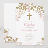 Bloemen Roze Goud Kruis Baby Meisje Doop Kaart (Voorkant / Achterkant)