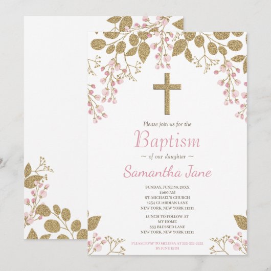 Bloemen Roze Goud Kruis Baby Meisje Doop Kaart (Voorkant / Achterkant)