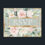 Bloemen Roze Goud Sage Groene Waterverf RSVP Briefkaart<br><div class="desc">Elegante roze blush floral "RSVP" voor elke gelegenheid. Salie groene achtergrond bijgesneden in faux rustiek goud. Een prachtig budget briefkaart.</div>