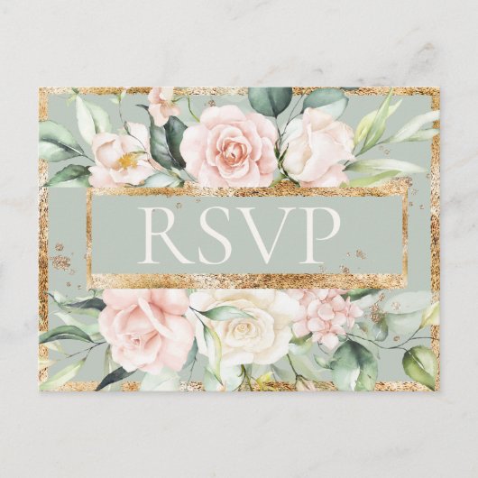 Bloemen Roze Goud Sage Groene Waterverf RSVP Briefkaart (Voorkant)
