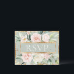 Bloemen Roze Goud Salie Groen Quinceañera RSVP Briefkaart<br><div class="desc">Elegante roze blush bloesem Quinceañera "RSVP" Sage groene achtergrond bijgesneden in faux rustiek goud. Een prachtig budget briefkaart. Perfect voor uw gelegenheid.</div>