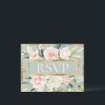 Bloemen Roze Goud Salie Groen Quinceañera RSVP Briefkaart<br><div class="desc">Elegante roze blush bloesem Quinceañera "RSVP" Sage groene achtergrond bijgesneden in faux rustiek goud. Een prachtig budget briefkaart. Perfect voor uw gelegenheid.</div>