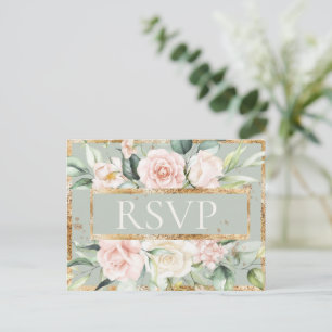 Bloemen Roze Goud Salie Groen Quinceañera RSVP Briefkaart