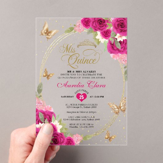 Bloemen roze goud tiara vlinder mis quinceañera acryl uitnodigingen (Insitu (Draagbaar))