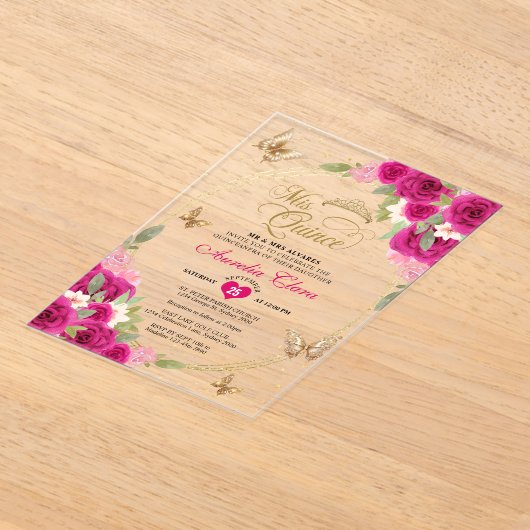 Bloemen roze goud tiara vlinder mis quinceañera acryl uitnodigingen (Laagn)