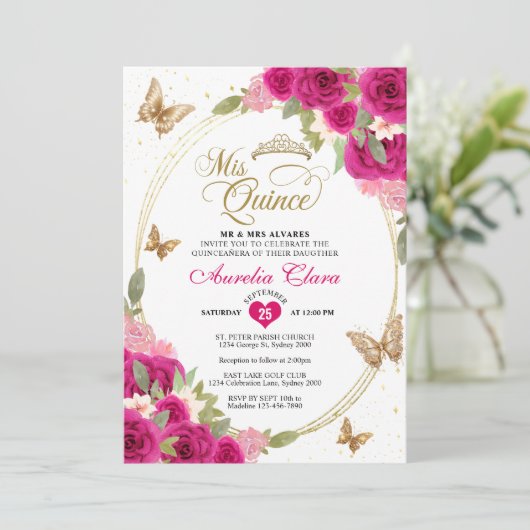 Bloemen roze goud tiara vlinder mis quinceañera kaart (Staand voorkant)