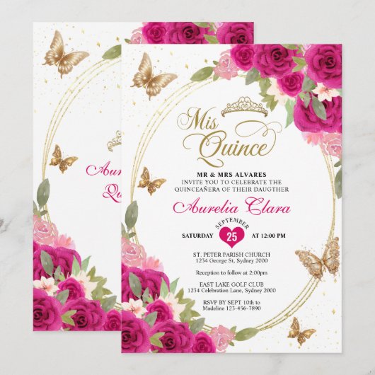 Bloemen roze goud tiara vlinder mis quinceañera kaart (Voorkant / Achterkant)