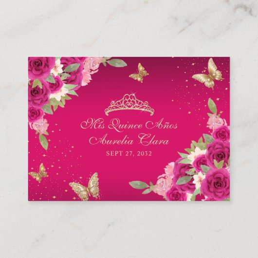 Bloemen roze goud tiara vlinder quinceañera informatiekaartje (Achterkant)