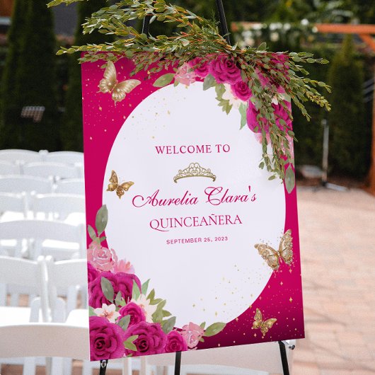 Bloemen roze goud tiara vlinder quinceañera poster