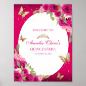 Bloemen roze goud tiara vlinder quinceañera poster (Voorkant)
