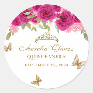 Bloemen roze goud tiara vlinder quinceañera ronde sticker