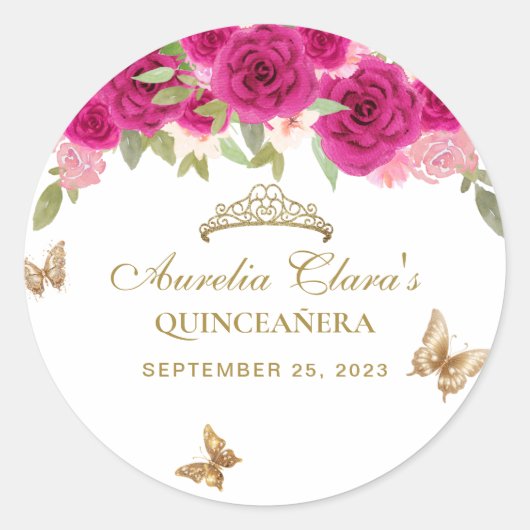 Bloemen roze goud tiara vlinder quinceañera ronde sticker (Voorkant)