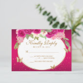 Bloemen roze goud tiara vlinder quinceañera RSVP kaartje (Staand voorkant)