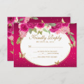 Bloemen roze goud tiara vlinder quinceañera RSVP kaartje (Voorkant / Achterkant)
