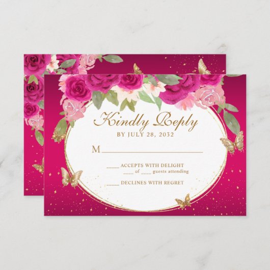 Bloemen roze goud tiara vlinder quinceañera RSVP kaartje (Voorkant / Achterkant)