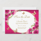 Bloemen roze goud tiara vlinder quinceanera save the date (Voorkant)