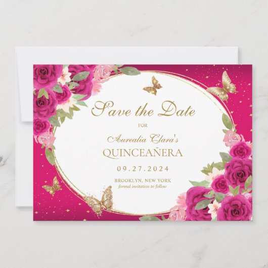 Bloemen roze goud tiara vlinder quinceanera save the date (Voorkant)