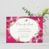 Bloemen roze goud tiara vlinder quinceanera save the date (Staand voorkant)