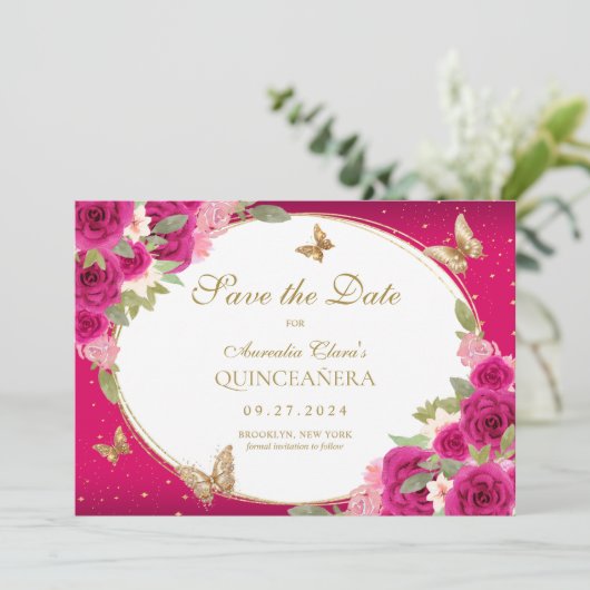 Bloemen roze goud tiara vlinder quinceanera save the date (Staand voorkant)
