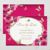 Bloemen roze goud tiara vlinder quinceanera save the date (Voorkant / Achterkant)