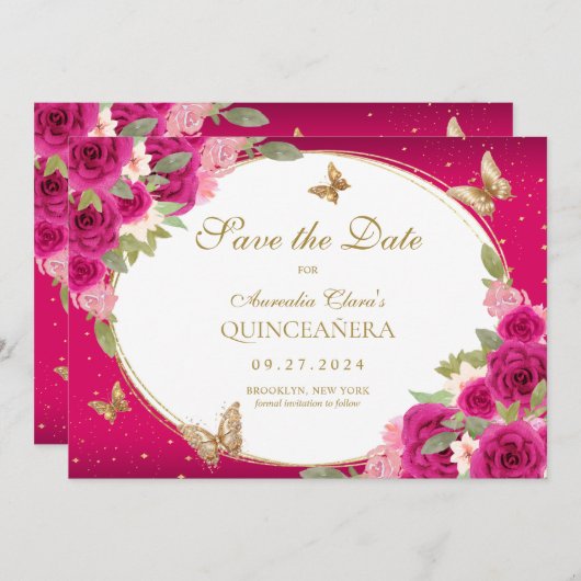 Bloemen roze goud tiara vlinder quinceanera save the date (Voorkant / Achterkant)