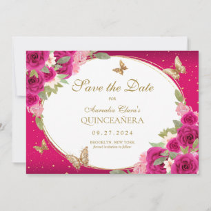 Bloemen roze goud tiara vlinder quinceanera save the date
