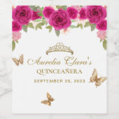 Bloemen roze goud tiara vlinder quinceañera wijn etiket (Enkel label)