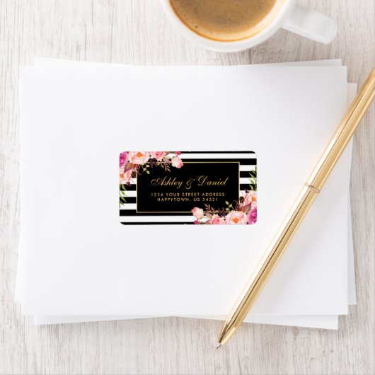 Bloemen Roze Goud Zwart Strepen Bruiloft Etiket (Insitu)