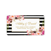 Bloemen Roze Goud Zwart Wit Strepen Bruiloft Etiket (Voorkant)