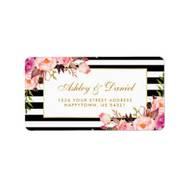 Bloemen Roze Goud Zwart Wit Strepen Bruiloft Etiket