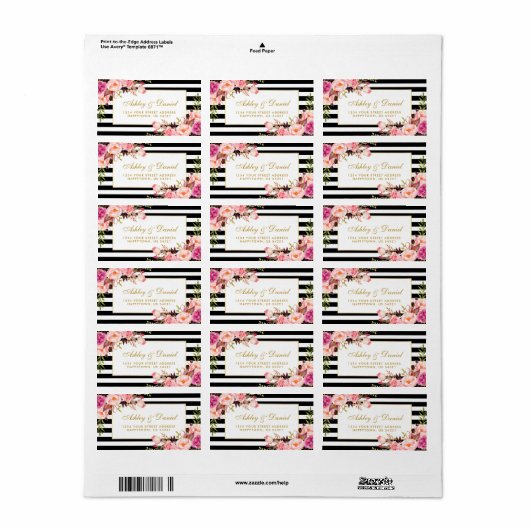 Bloemen Roze Goud Zwart Wit Strepen Bruiloft Etiket (Full Sheet)