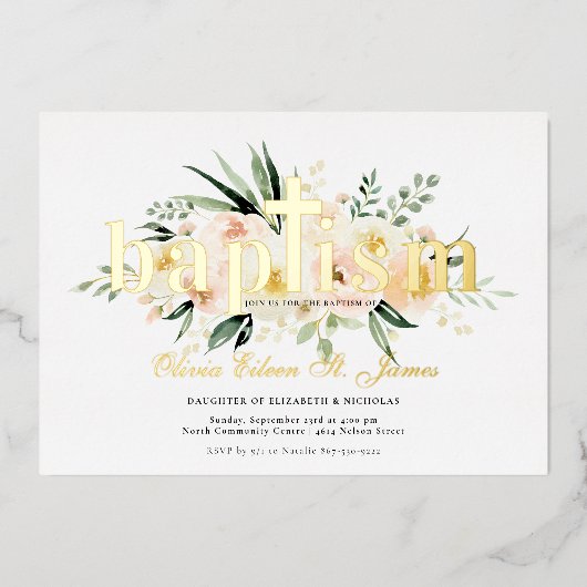 Bloemen | Roze & Gouden Doop Foto Folie Uitnodiging (Voorkant)