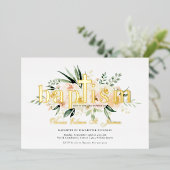  Bloemen | Roze & Gouden Doop Foto Folie Uitnodiging (Staand Voorkant)