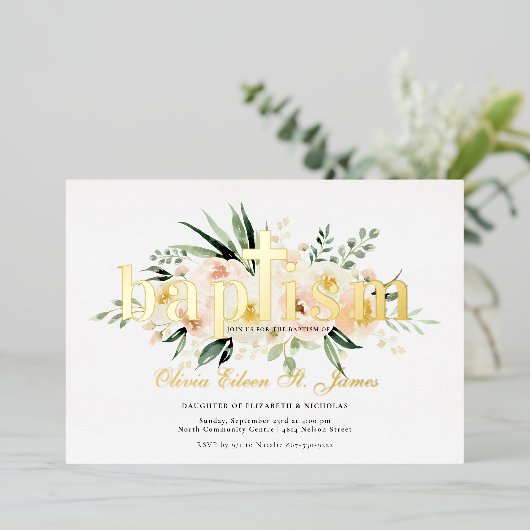  Bloemen | Roze & Gouden Doop Foto Folie Uitnodiging (Staand Voorkant)