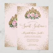 Bloemen Roze Gouden Glitter Tiara Sweet 16 Verjaar Kaart (Voorkant / Achterkant)