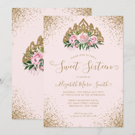 Bloemen Roze Gouden Glitter Tiara Sweet 16 Verjaar Kaart (Voorkant / Achterkant)