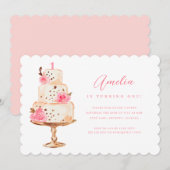 Bloemen Roze Gouden Taart Eerste Verjaardag Party Kaart (Voorkant / Achterkant)