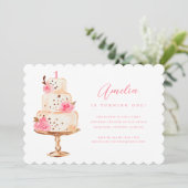 Bloemen Roze Gouden Taart Eerste Verjaardag Party Kaart (Staand voorkant)