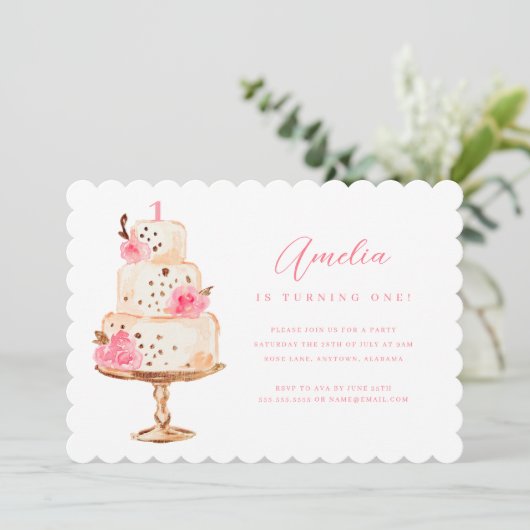 Bloemen Roze Gouden Taart Eerste Verjaardag Party Kaart (Staand voorkant)